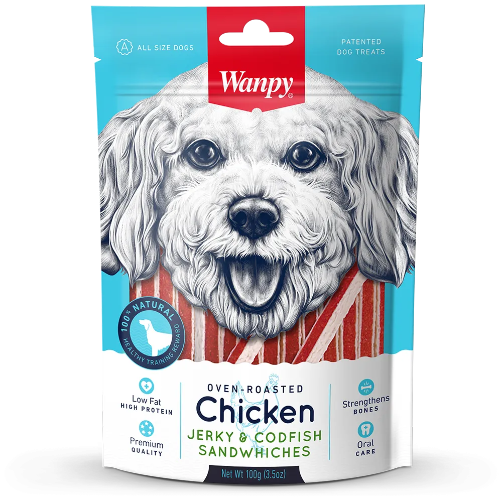 Wanpy Dog Oven-Roasted Chicken Jerky & Codfish Sandwiches 100g